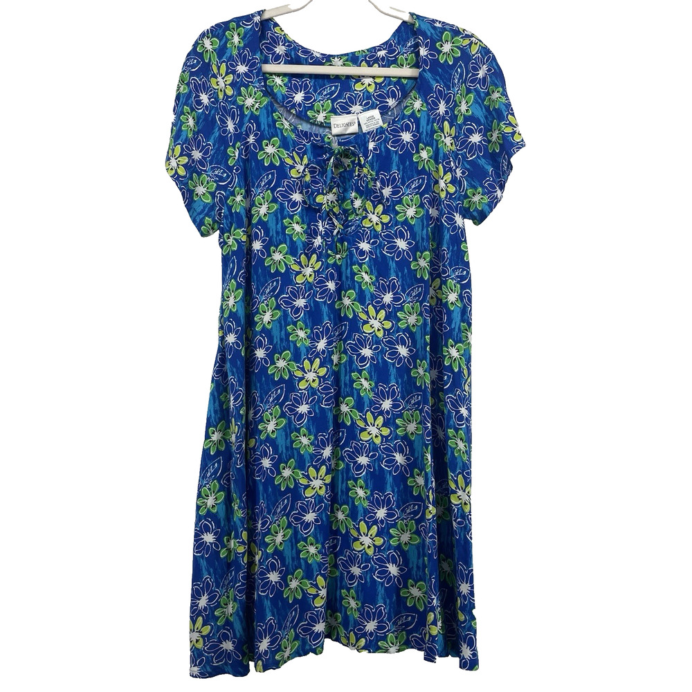 Delicates Size L Vintage‎ Cottagecore Floral Dress Pockets Blue Short Sleeve